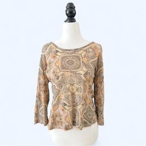 Vintage Brown Sheer Grunge Boho Celestial Patterned Long Sleeve Top Large
